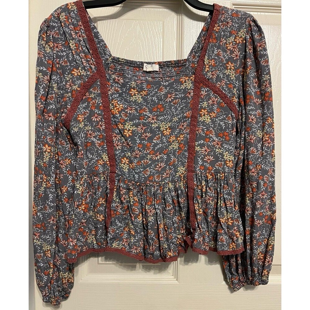 Easel Boho Ditsy Floral Square Neck Long Sleeve Rayon Top Size S